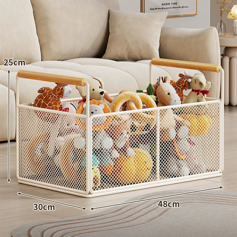 Storage Basket Breathable Metal Mesh Wooden Handles
