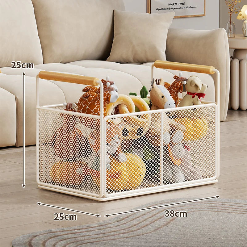 Storage Basket Breathable Metal Mesh Wooden Handles
