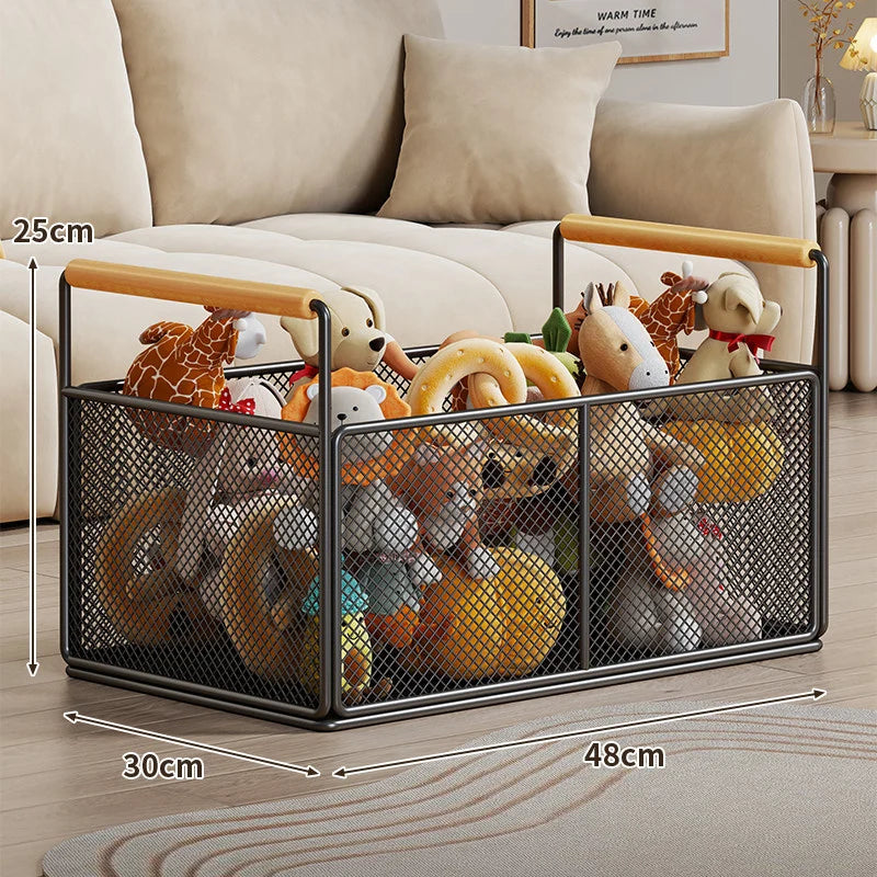 Storage Basket Breathable Metal Mesh Wooden Handles
