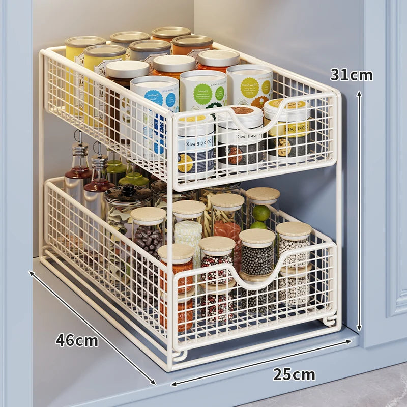 Storage Basket Organizer Two-Tier Metal Pull-Out Drawers