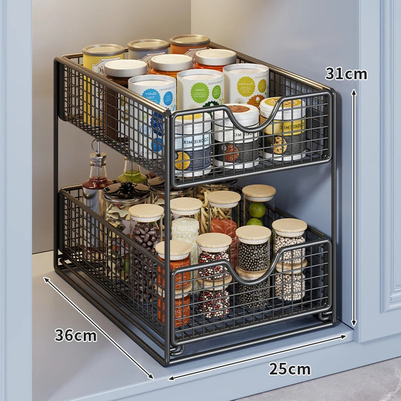 Storage Basket Organizer Two-Tier Metal Pull-Out Drawers