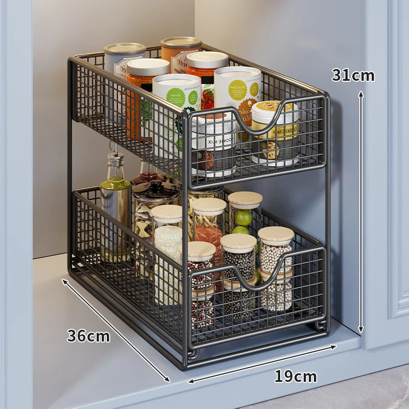 Storage Basket Organizer Two-Tier Metal Pull-Out Drawers