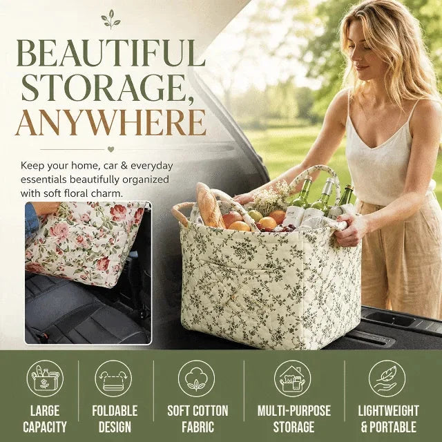 Storage Basket Structured Cotton Floral Print Reinforced Handles