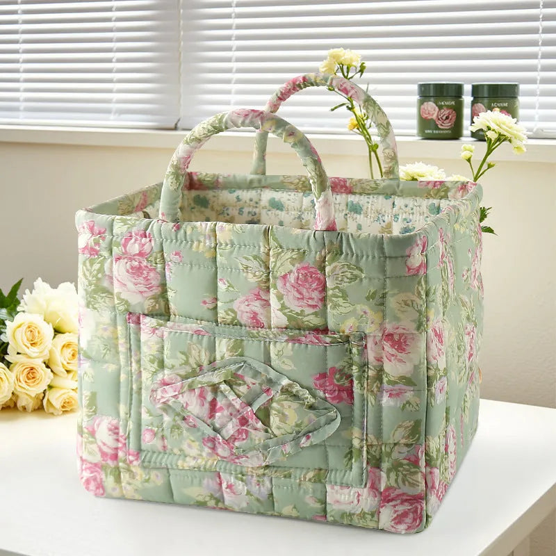 Storage Basket Structured Cotton Floral Print Reinforced Handles