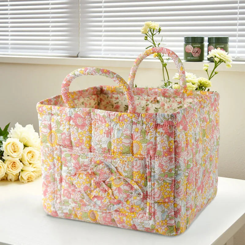 Storage Basket Structured Cotton Floral Print Reinforced Handles