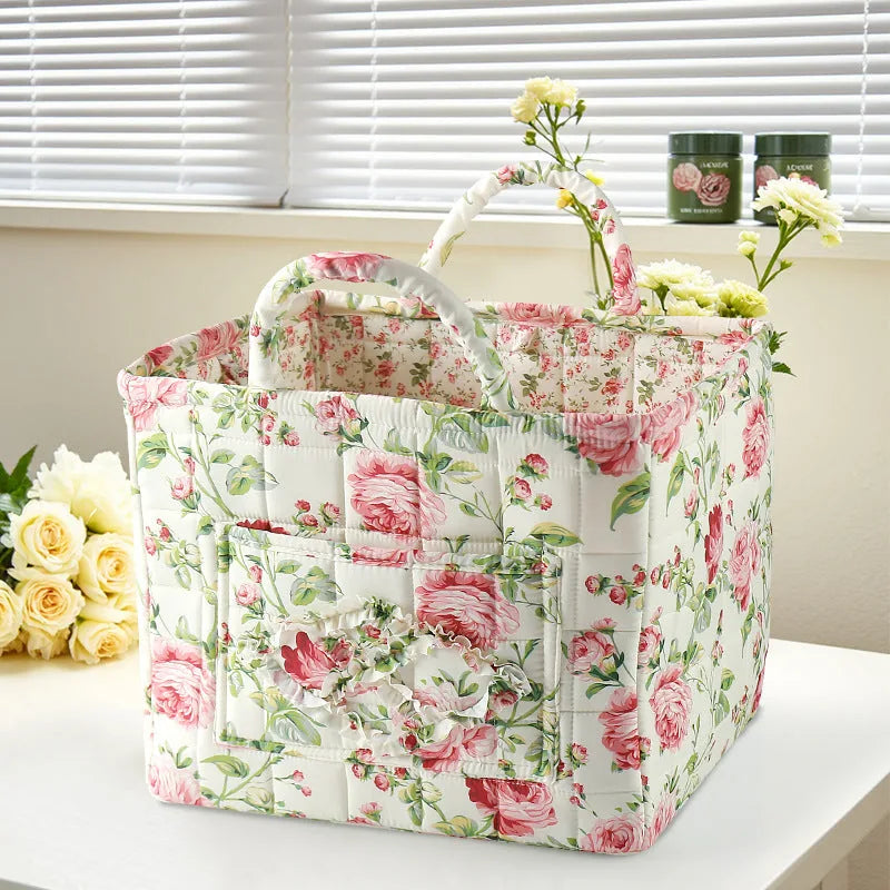 Storage Basket Structured Cotton Floral Print Reinforced Handles