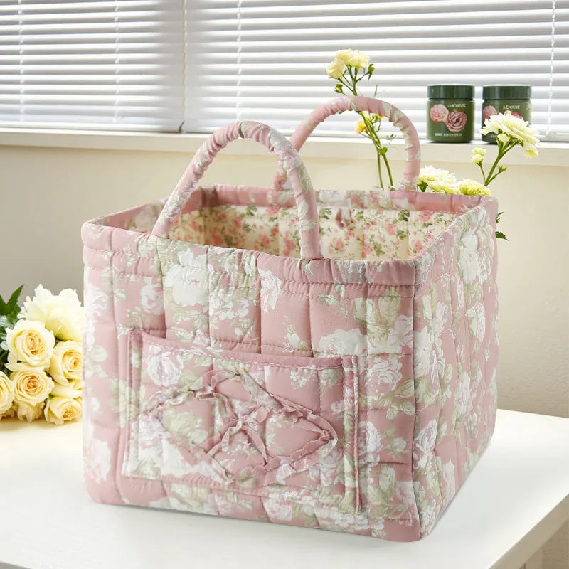 Storage Basket Structured Cotton Floral Print Reinforced Handles