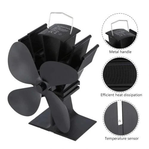 Stove Fan Heat-Powered Automatic Operation Aluminum 4-Blade