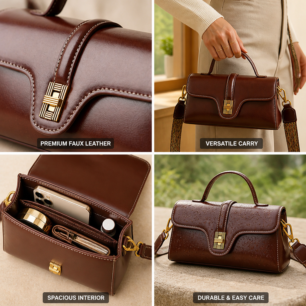 Structured Faux Leather Handbag With Gold-Tone Hardware