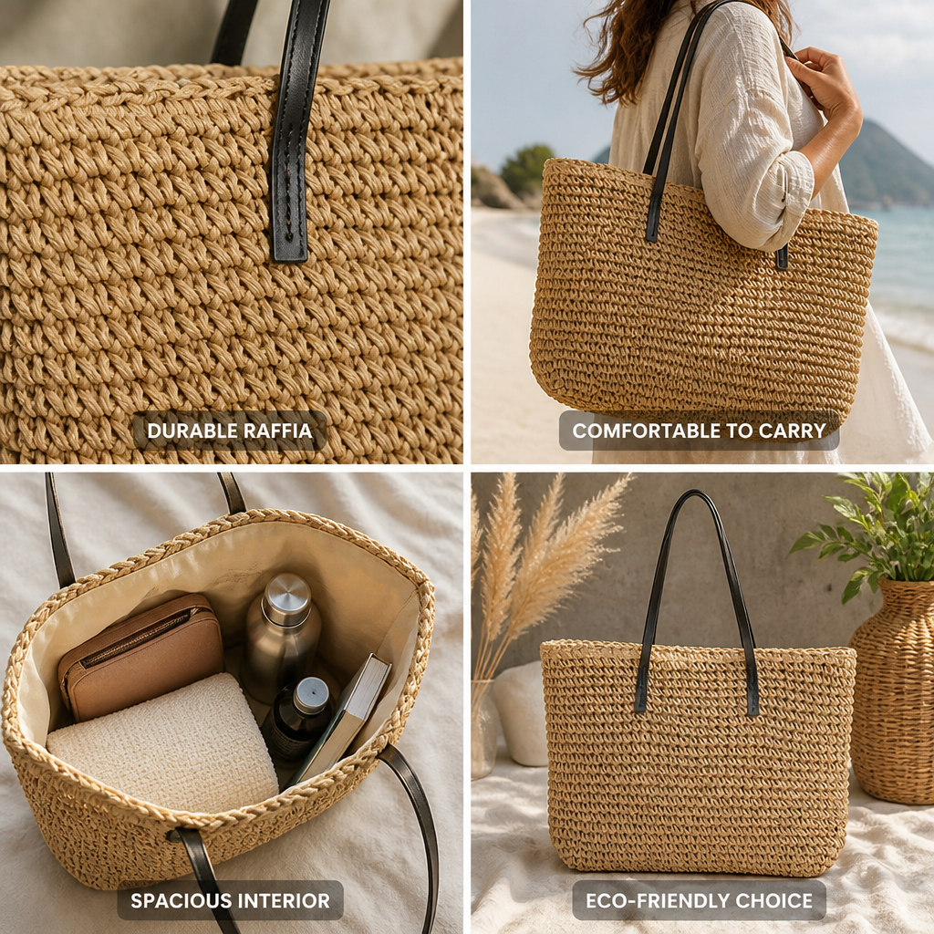 Structured Natural Raffia Beach Tote