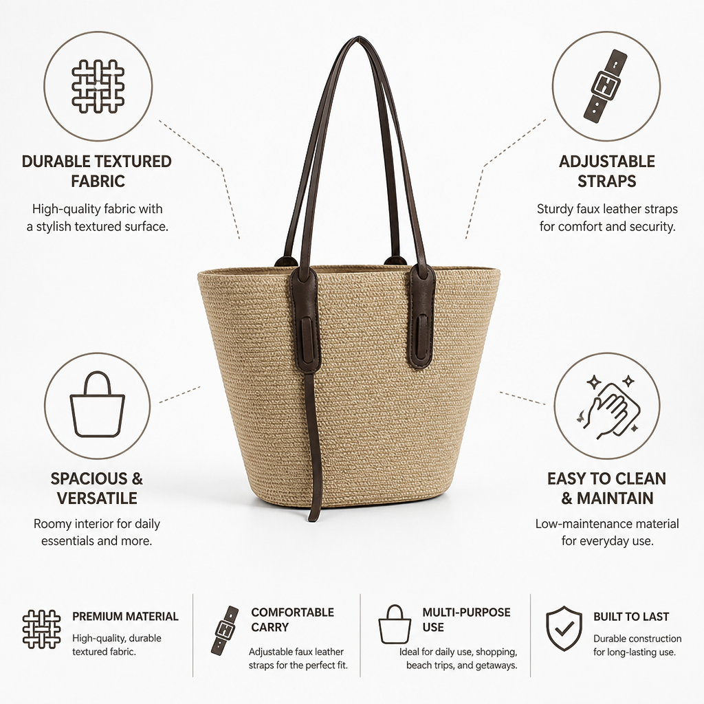 Structured Textured Fabric Tote (Adjustable Faux Leather Straps)