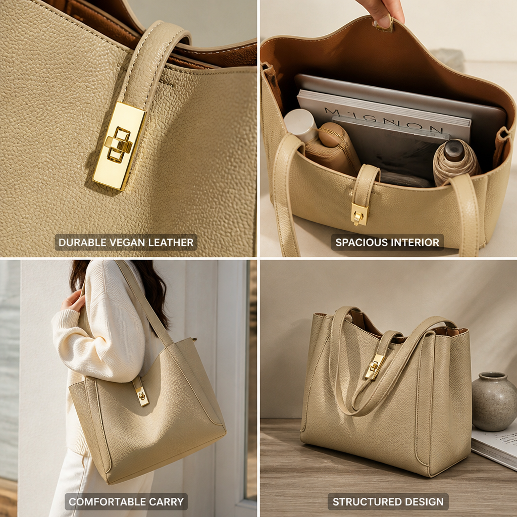 Structured Textured Vegan Leather Shoulder Tote