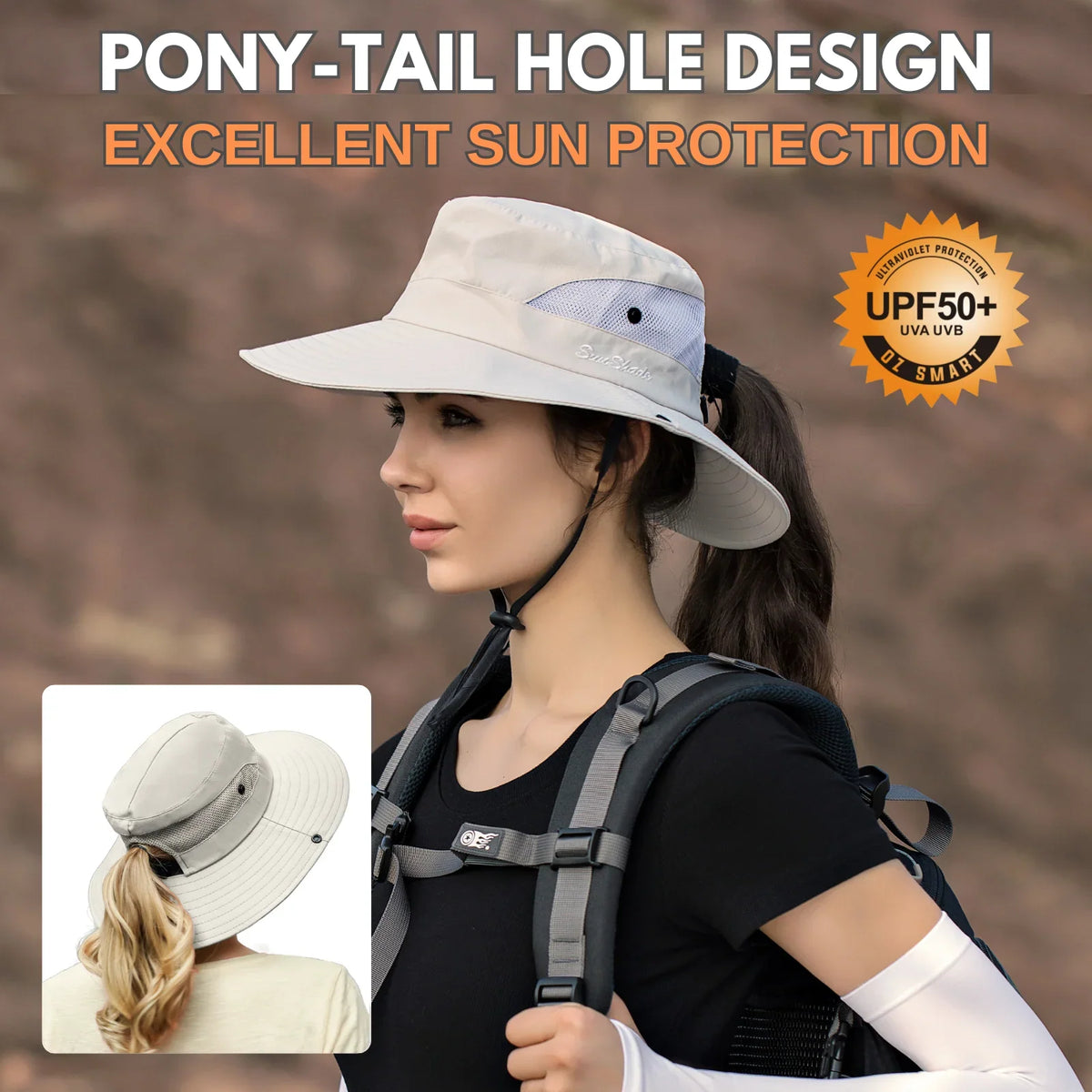 Sun Hat Wide Brim UPF 50 Ponytail Opening