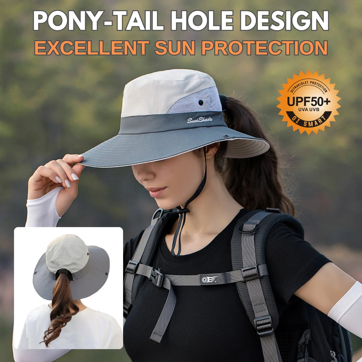 Sun Hat Wide Brim UPF 50 Ponytail Opening