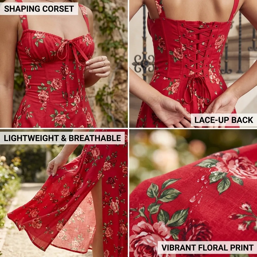 Sundress Floral Bustier Lace-Up Back Side Slit