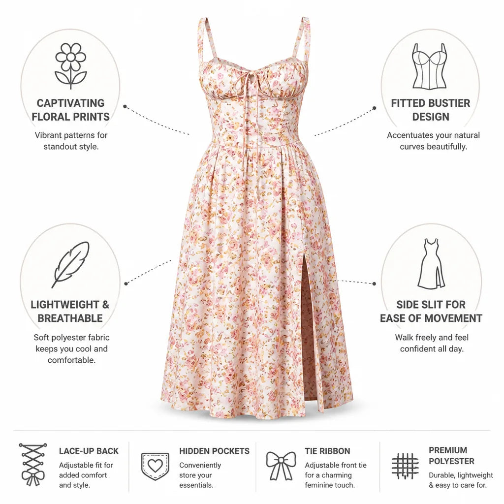 Sundress Floral Bustier Lace-Up Back Side Slit
