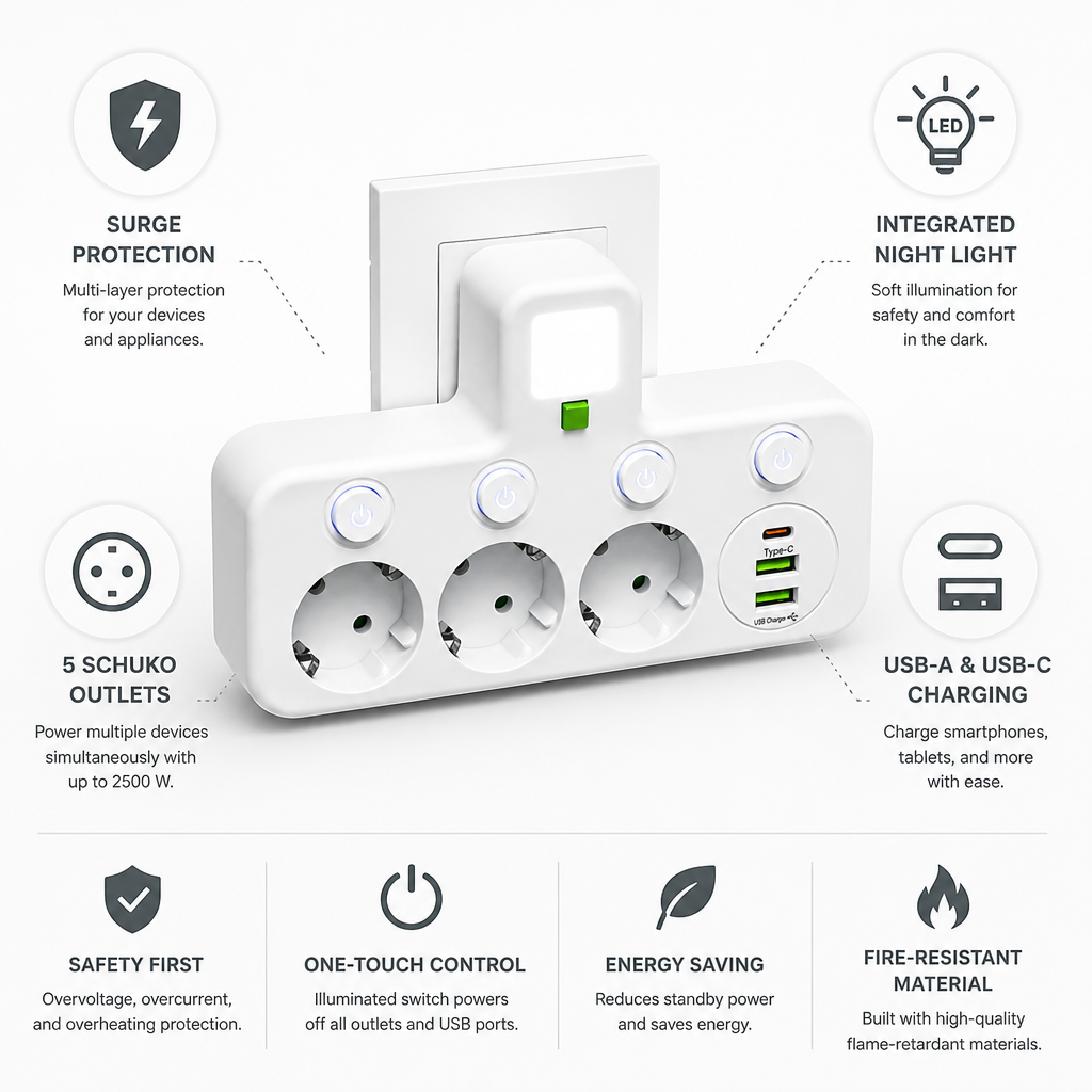 Surge-Protected USB-A & USB-C Power Strip (Night Light)
