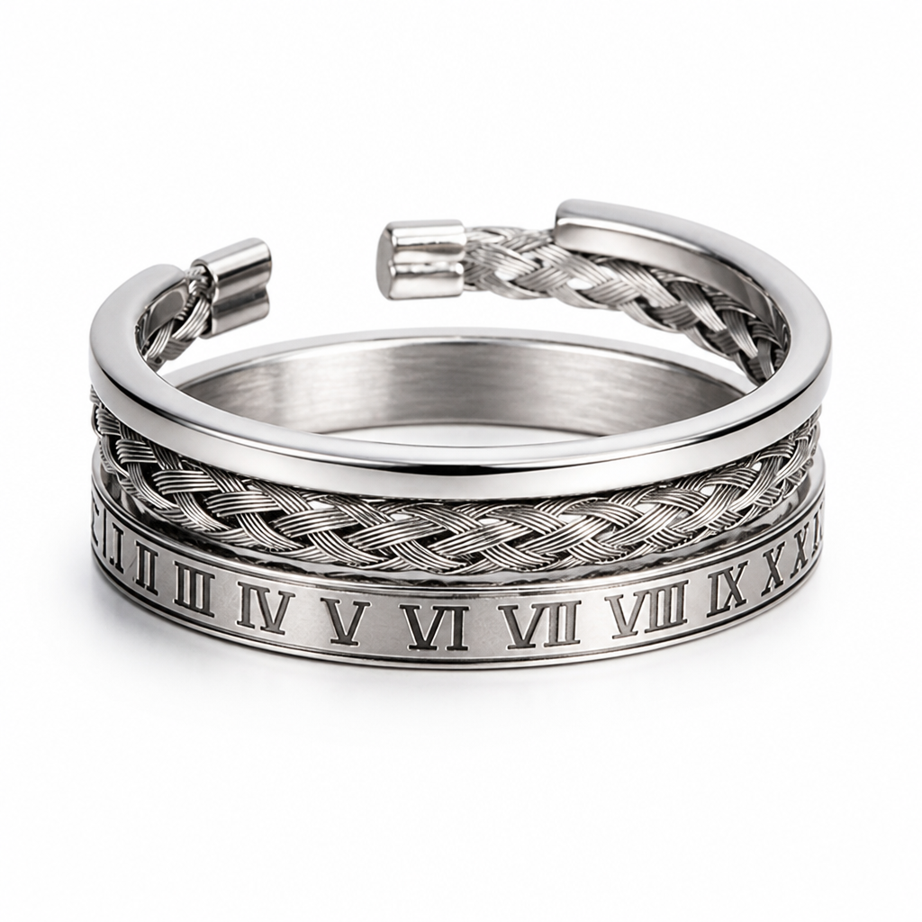 Surgical Stainless Steel Roman Numeral Bracelet Set (Adjustable)