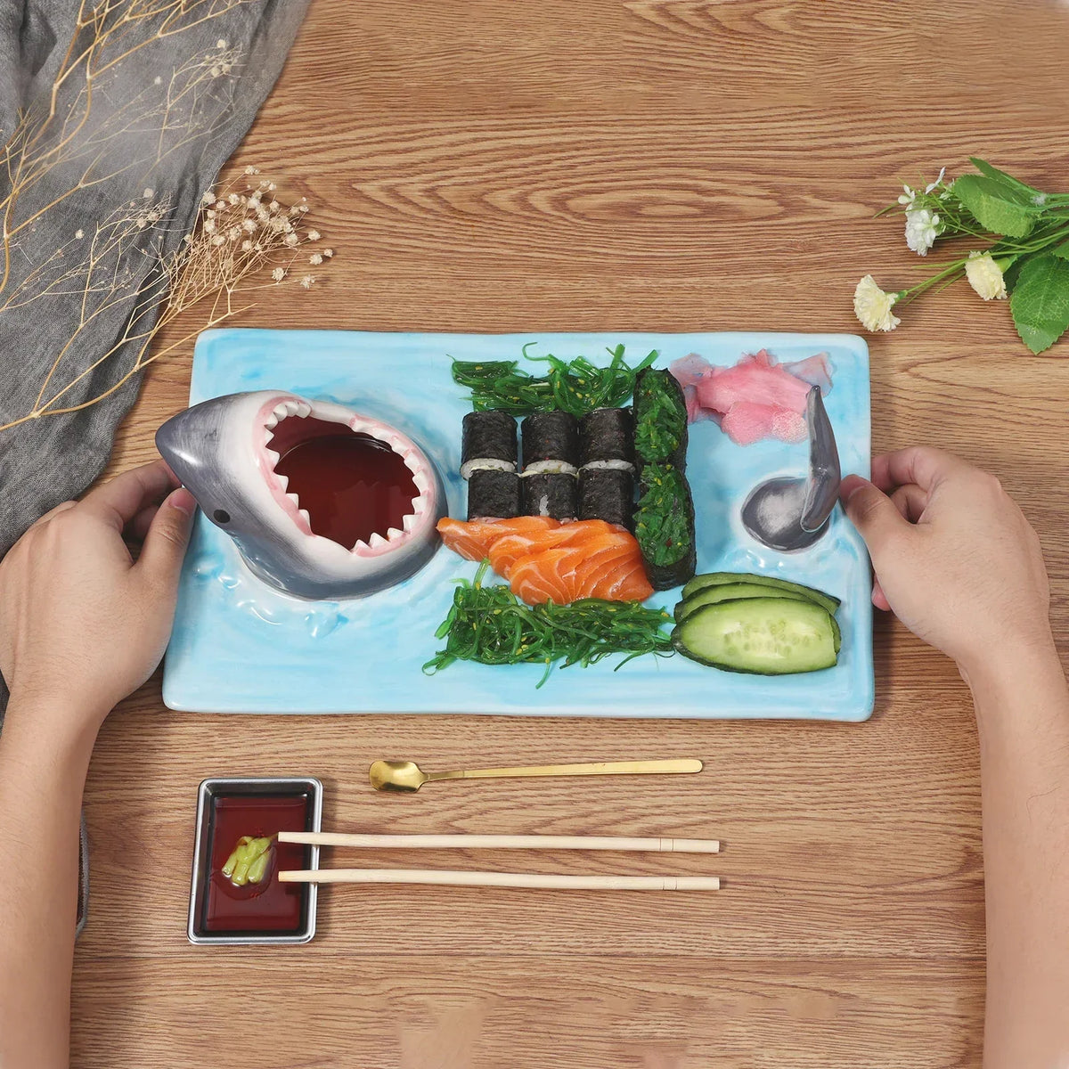 Sushi Serving Platter Ceramic Shark Design Dishwasher-Safe