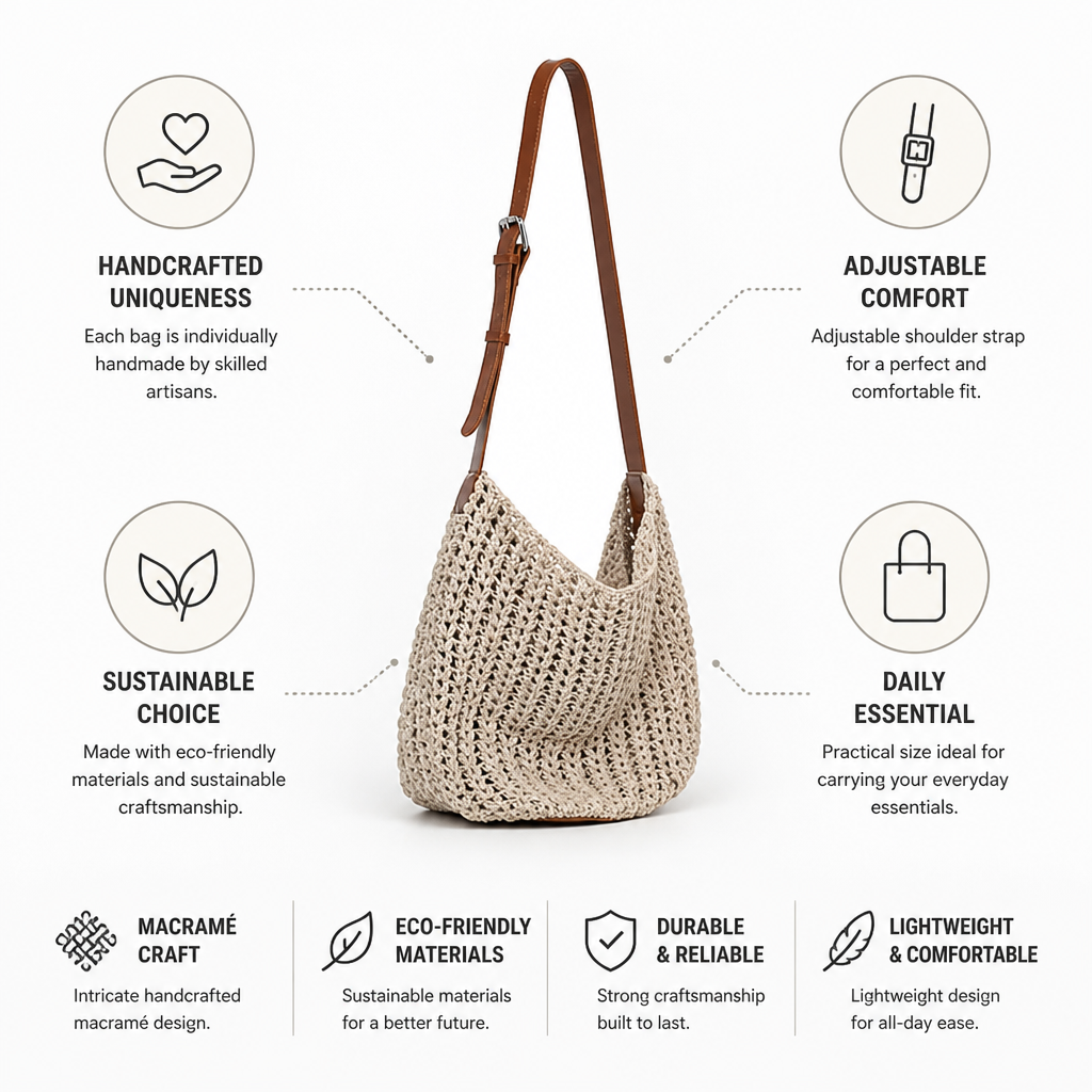 Sustainable Handcrafted Macramé Crossbody Bag (Adjustable Strap)