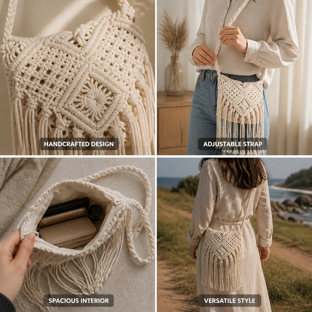 Sustainable Handcrafted Macramé Shoulder Bag (Adjustable Strap)