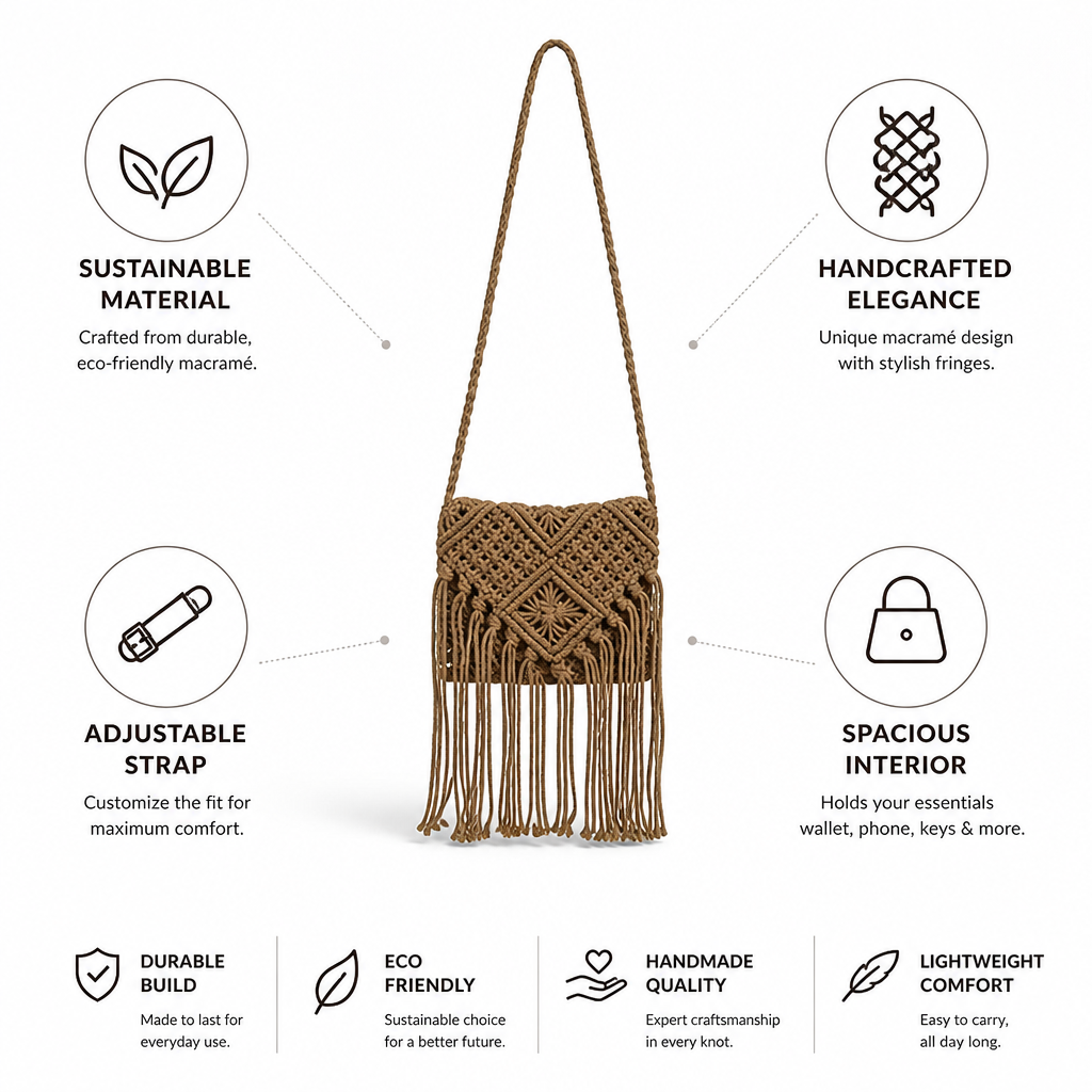 Sustainable Handcrafted Macramé Shoulder Bag (Adjustable Strap)