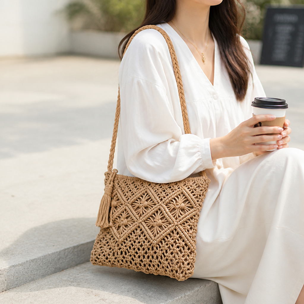 Sustainable Handmade Macrame Shoulder Bag (Adjustable Braided Strap)