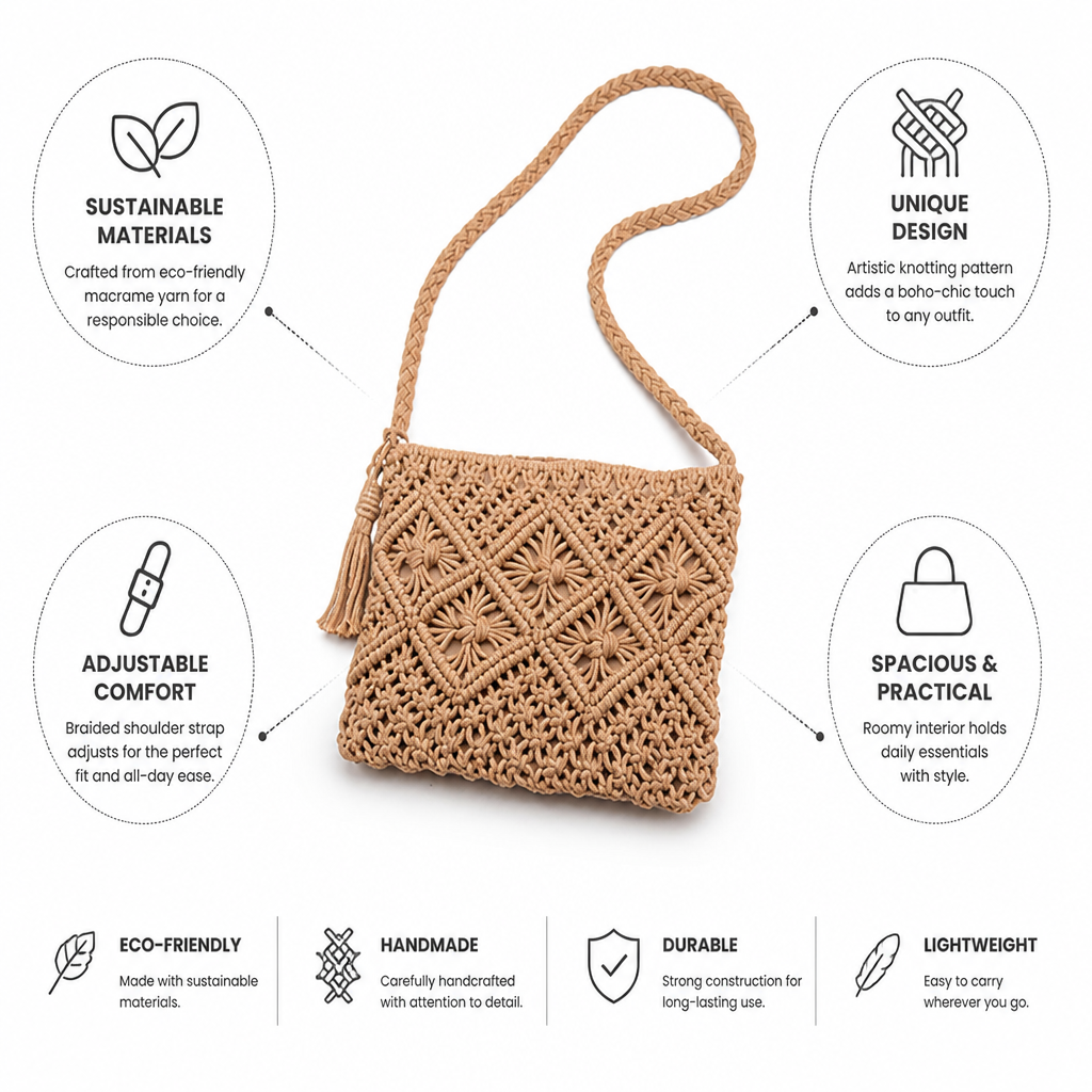 Sustainable Handmade Macrame Shoulder Bag (Adjustable Braided Strap)
