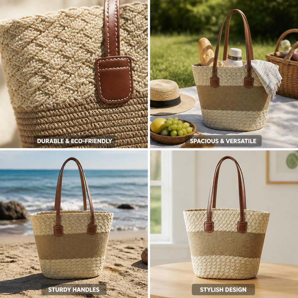 Sustainable Woven Picnic Bag (Faux Leather Trim)