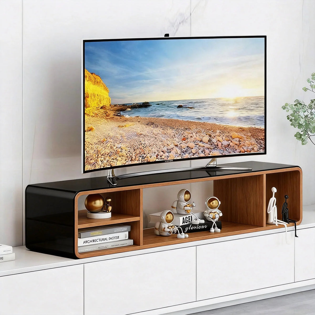 TV Stand Riser Two Open Storage Compartments Cable Routing
