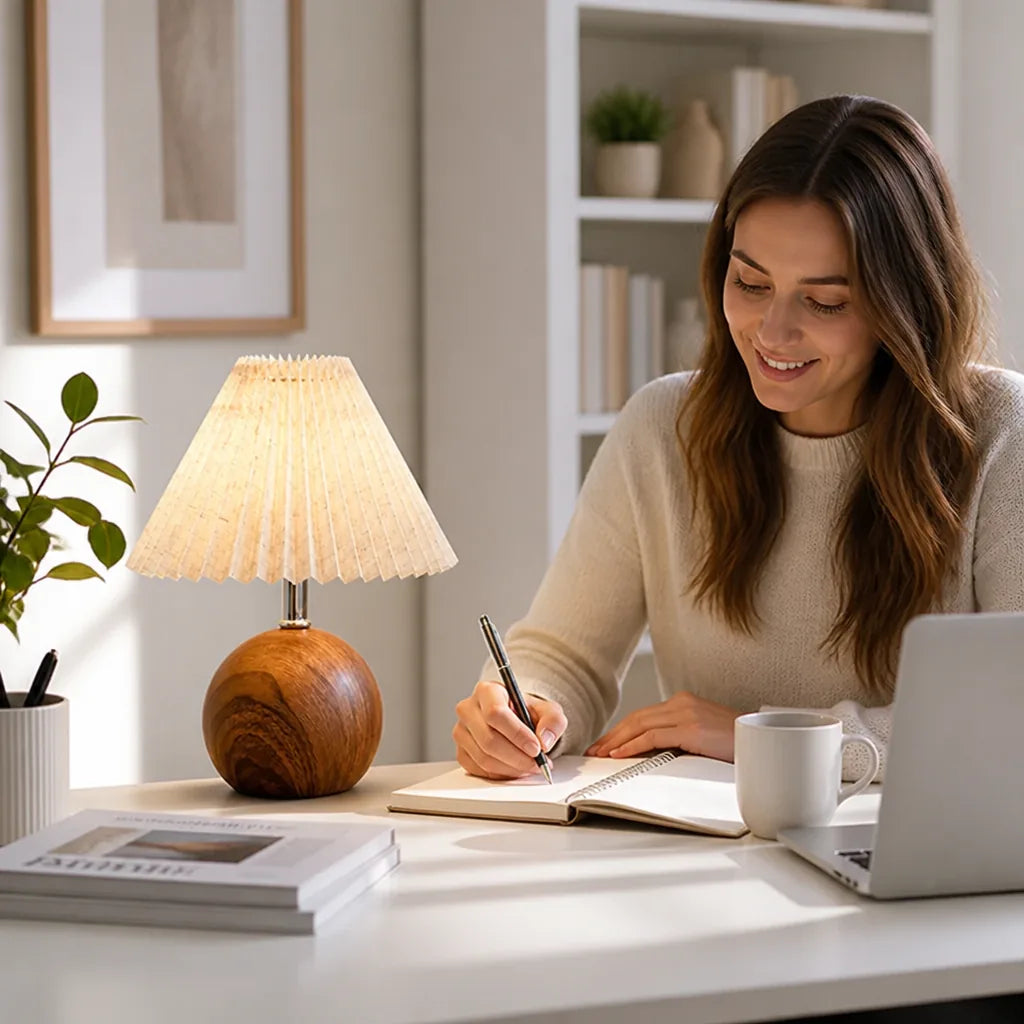 Table Lamp 3-Color Adjustable LED Pleated Shade & Metal Base
