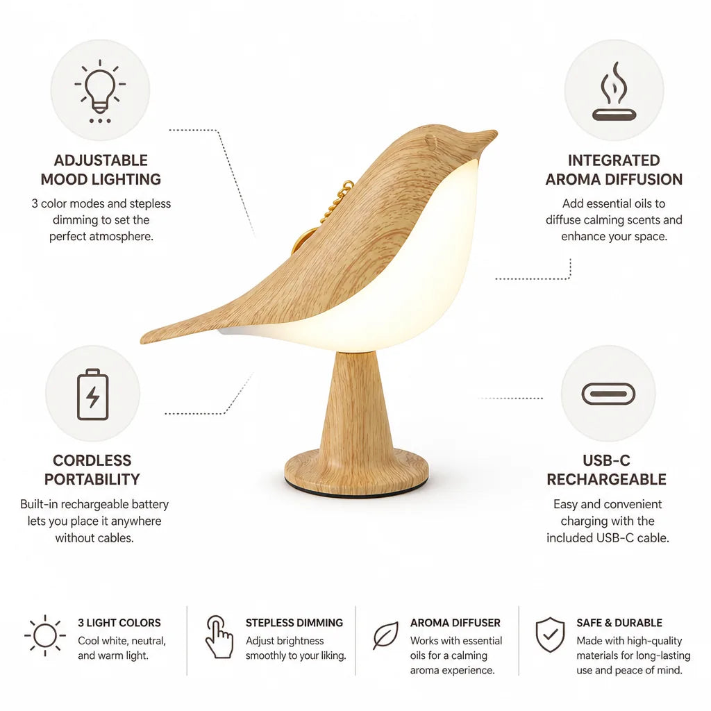 Table Lamp Bird Design Aroma Diffuser USB-C Rechargeable