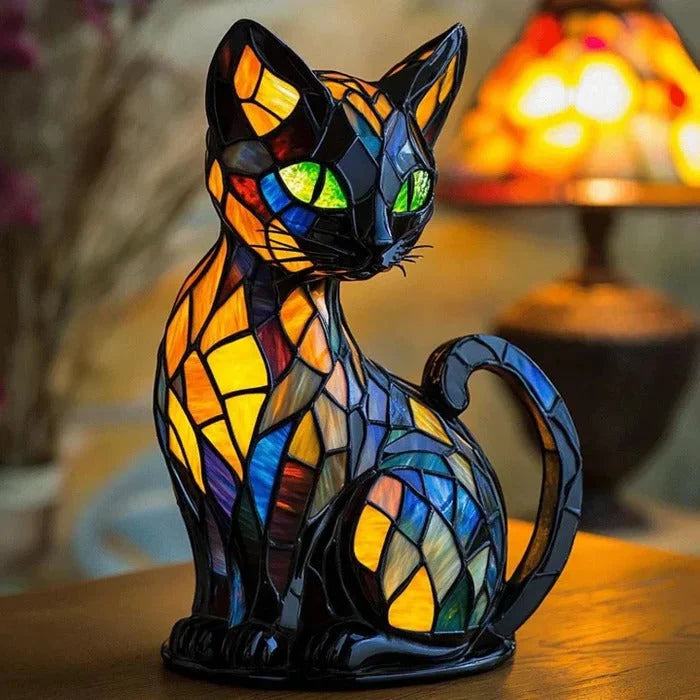 Table Lamp Cat-Shaped Stained Glass Warm LED Lighting