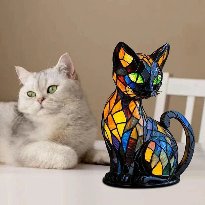 Table Lamp Cat-Shaped Stained Glass Warm LED Lighting