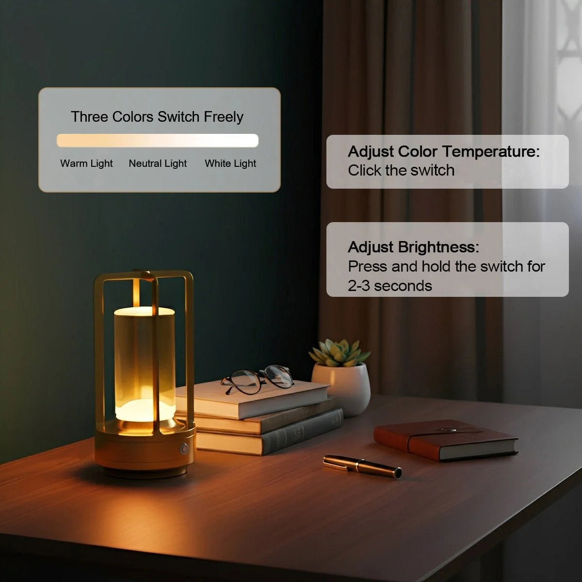 Table Lamp Cordless Rechargeable Touch-Dimming LED