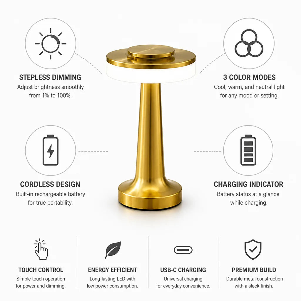 Table Lamp Cordless Stepless Dimming Three Color Modes