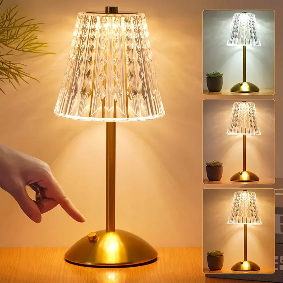 Table Lamp Crystal-Effect Shade Touch Dimming & USB Rechargeable