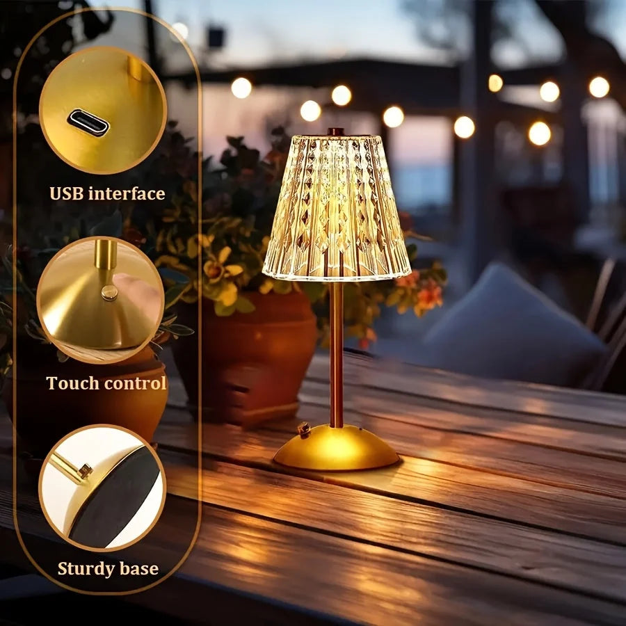 Table Lamp Crystal-Effect Shade Touch Dimming & USB Rechargeable
