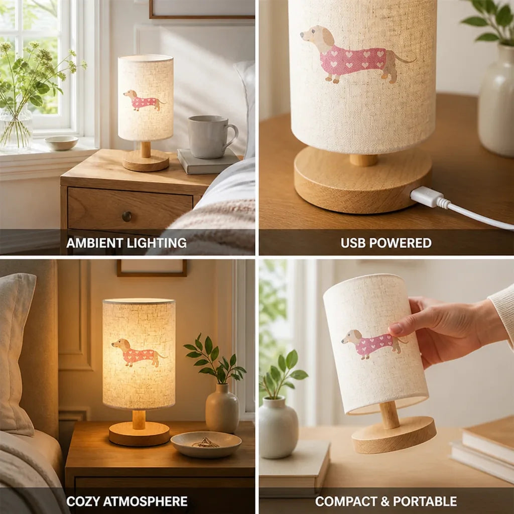 Table Lamp Dog With Heart Print USB Powered Compact