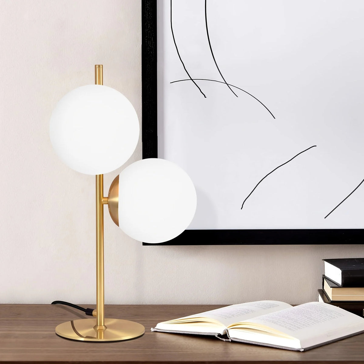 Table Lamp Frosted Glass Globe & Golden Metal Stem