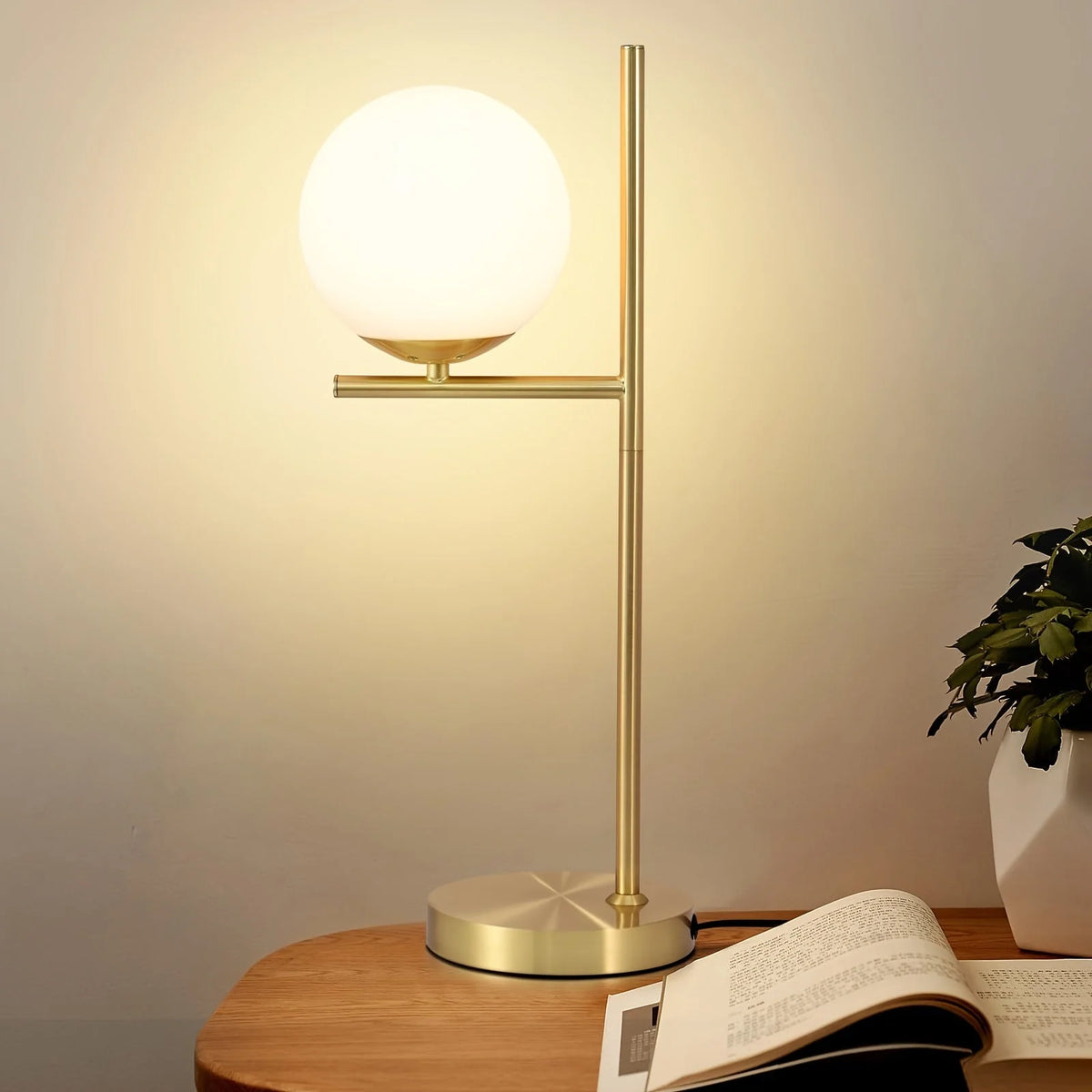 Table Lamp Frosted Glass Globe & Golden Metal Stem