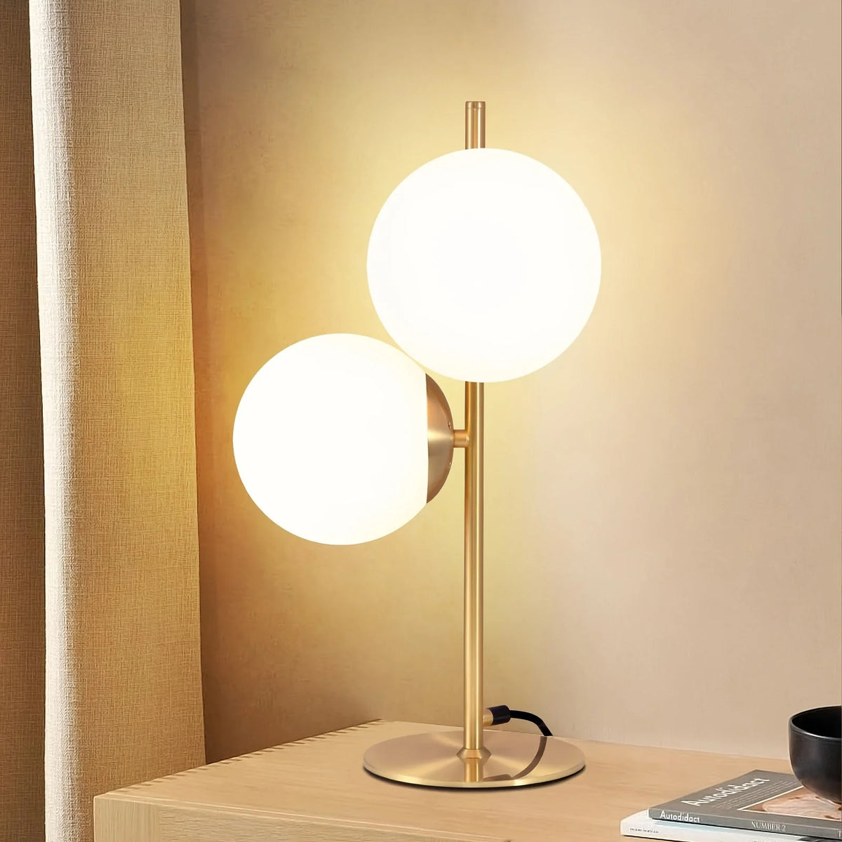 Table Lamp Frosted Glass Globe & Golden Metal Stem