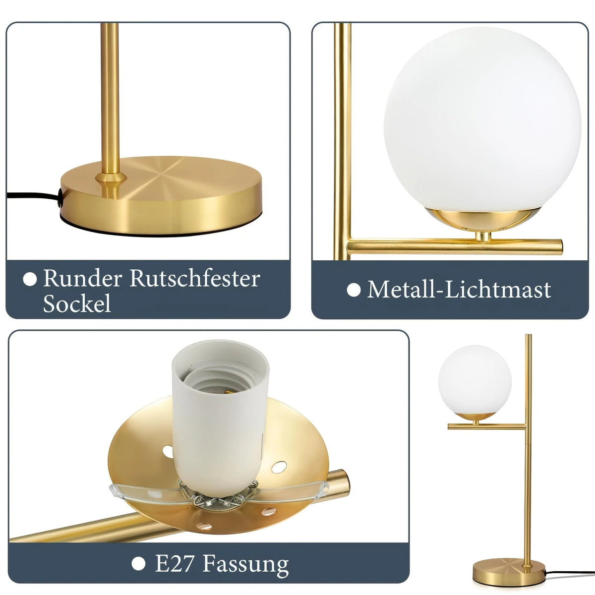 Table Lamp Frosted Glass Globe & Golden Metal Stem