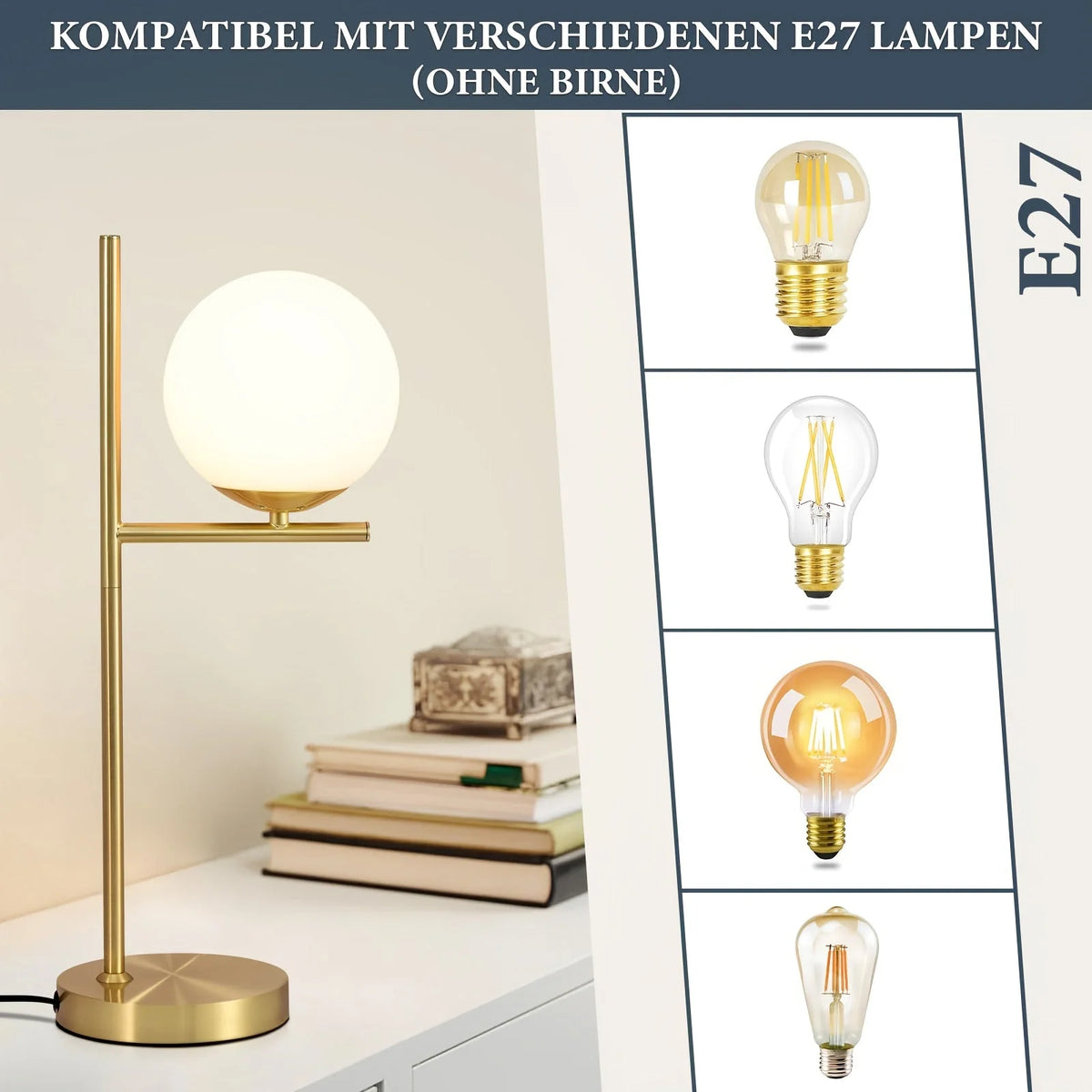 Table Lamp Frosted Glass Globe & Golden Metal Stem