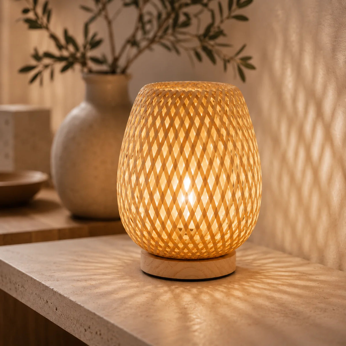 Table Lamp Handwoven Bamboo Shade Cordless Dimmable LED
