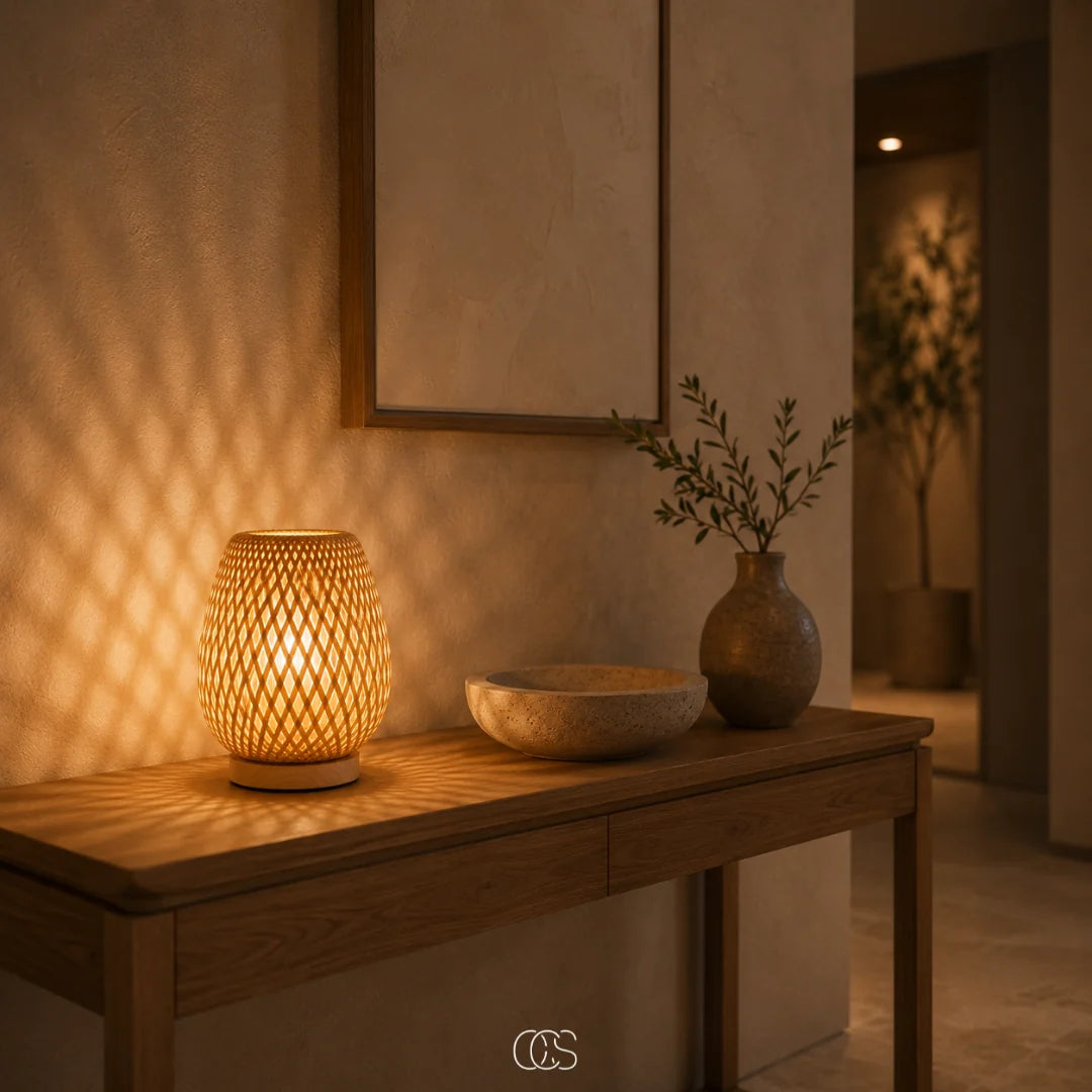 Table Lamp Handwoven Bamboo Shade Cordless Dimmable LED