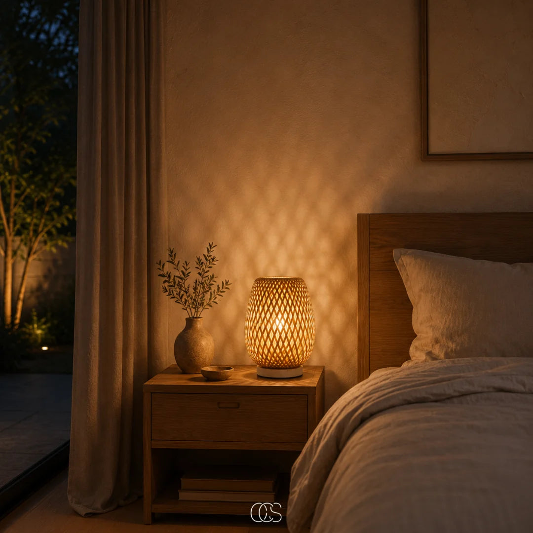 Table Lamp Handwoven Bamboo Shade Cordless Dimmable LED