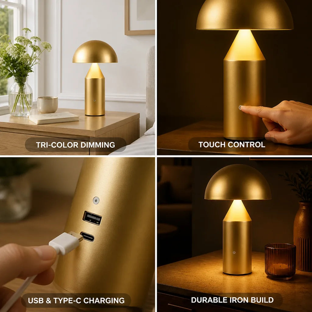Table Lamp Mushroom Iron Tri-Color LED USB-C Charging