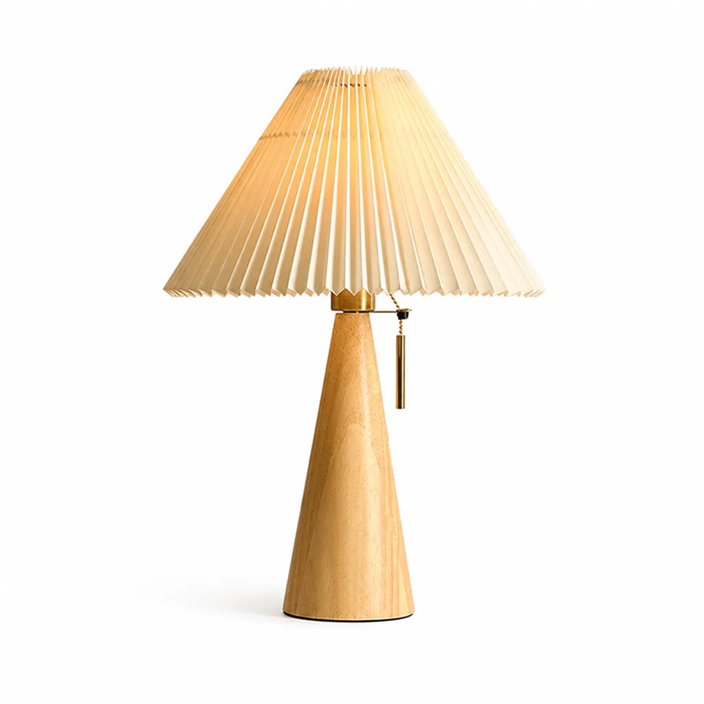 Table Lamp Pleated Fabric Shade Oak Wood Base