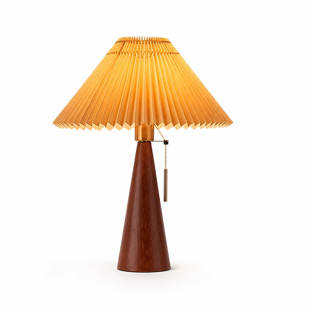 Table Lamp Pleated Fabric Shade Oak Wood Base